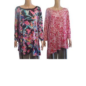 Susan Graver Pair of Sz 3X Liquid Knit Tunic Tops Pink Floral Asymmetrical Hem